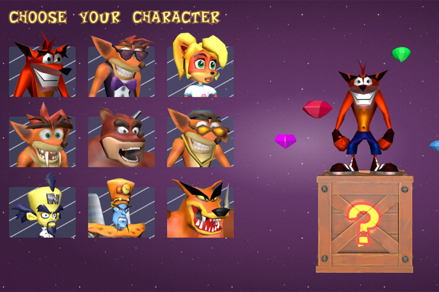 Crash bandicoot character selector screen snapshot
